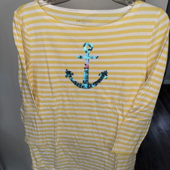 TALBOTS Womens Size Medium Yellow Striped Sequin Anchor Pullover Top Cotton - Picture 2 of 7
